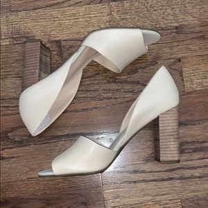 Franco Sarto cream shoes with thick, brown heel